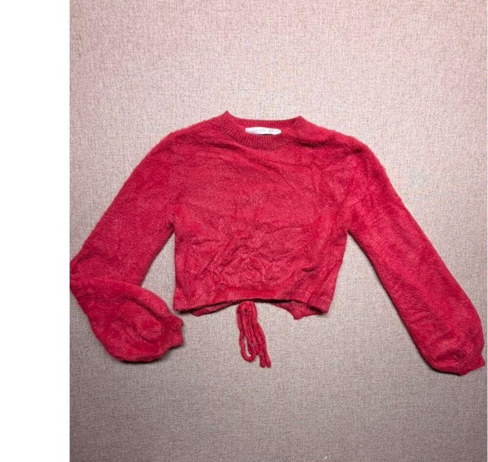 Altar'd State Womens Fuschia Fuzzy Cropped Sweater Open Back Tie Balloon Sleeve